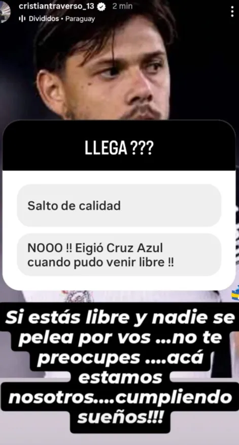 La historia que publicó Cristian Traverso en Instagram.