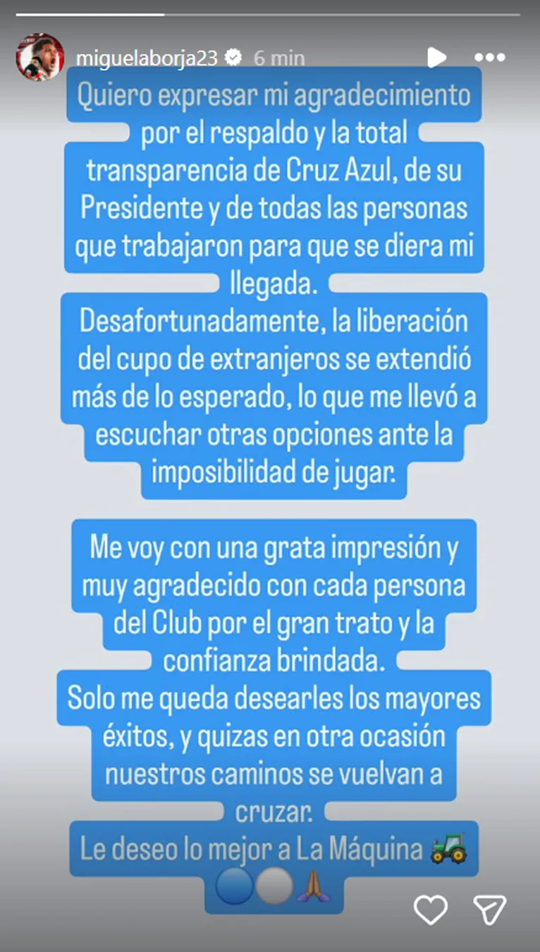 Borja confirmó que no jugará en Cruz Azul.