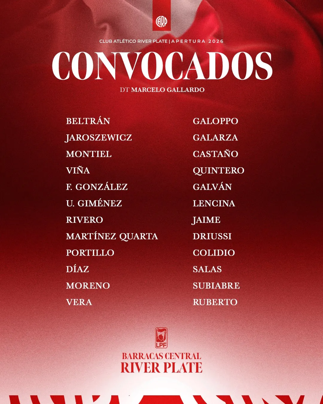 Los convocados de River vs. Barracas Central.