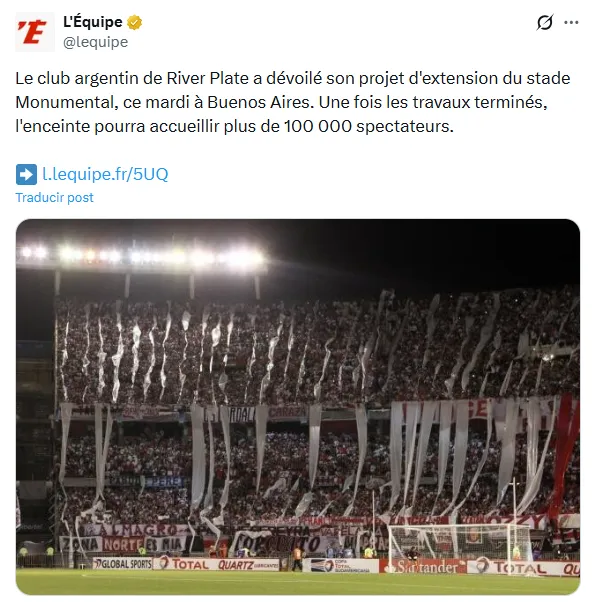 El posteo de L’Equipe sobre las obras que se vienen en el Estadio Monumental.