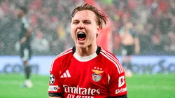 Andreas Schjelderup celebra su gol ante Real Madrid.