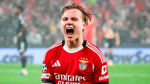 Andreas Schjelderup celebra su gol ante Real Madrid.