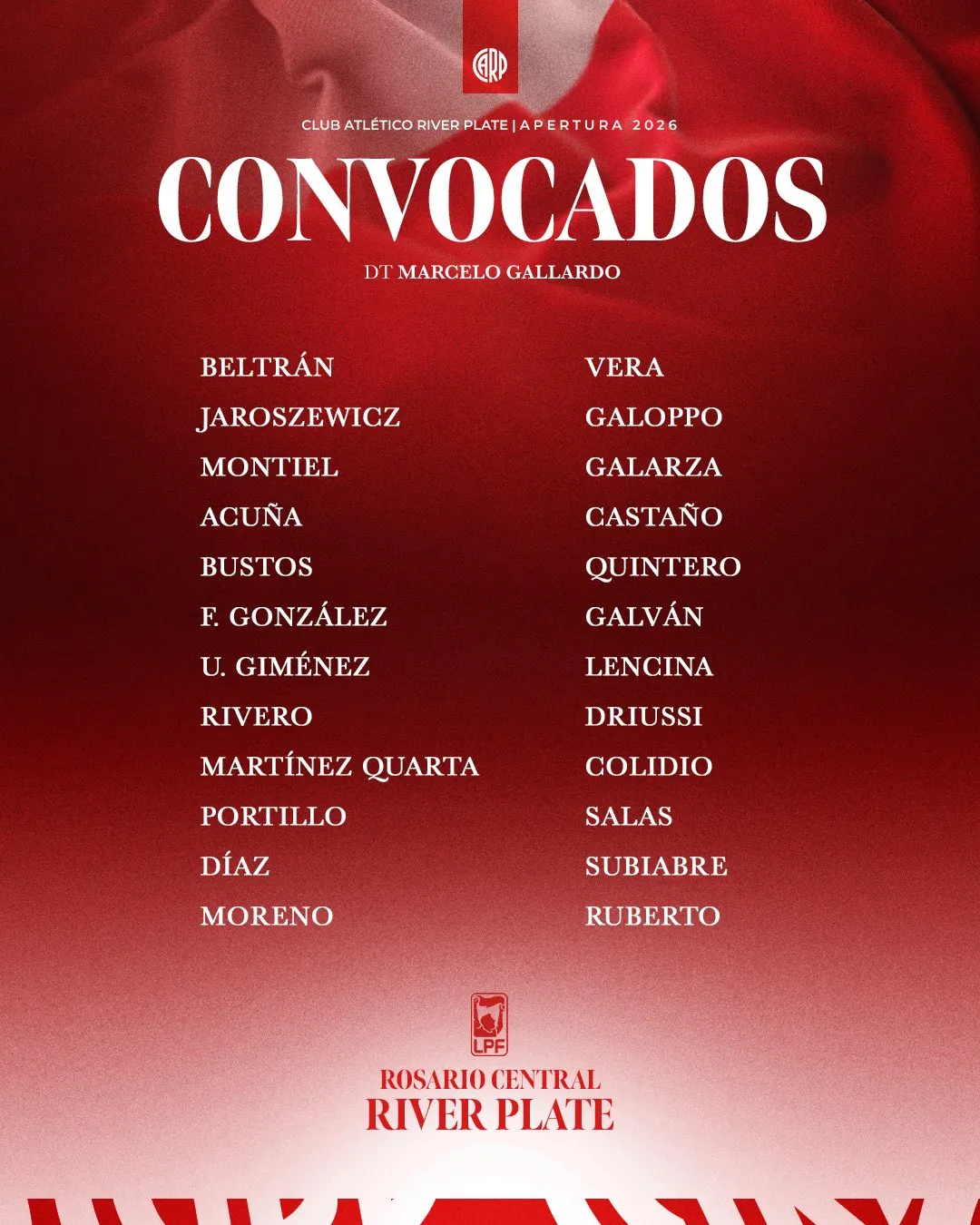 Los convocados de River para visitar a Rosario Central.