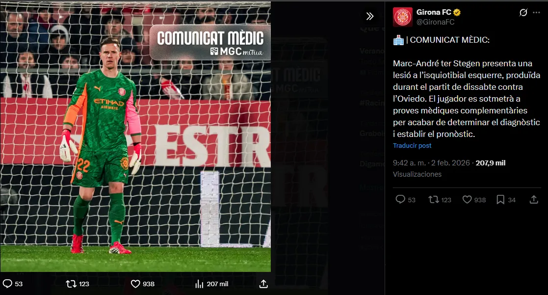 Girona informó de la lesión de ter Stegen. (X/GironaFC)