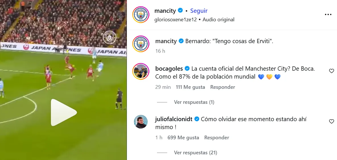 El comentario de Julio Falcioni en la publicación del City que hace referencia al gol de Erviti.