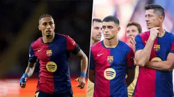 Raphinha, Robert Lewandowski y Pedri, futbolistas de Barcelona.