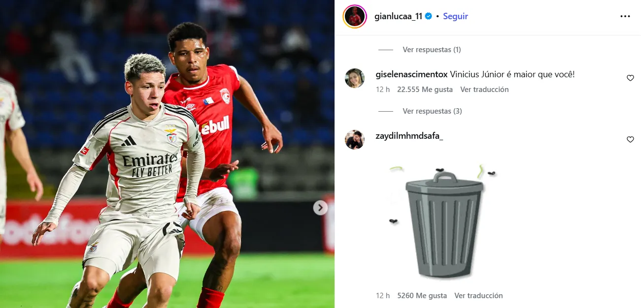 Gianluca Prestianni no realizó ningún posteo del partido con Real Madrid, por lo que los comentarios los recibió en su última publicación, realizada el sábado.