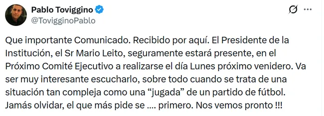 El tuit de Pablo Toviggino.