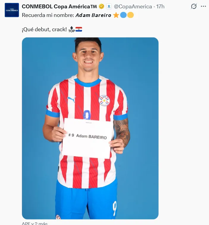 El posteo de Conmebol para Adam Bareiro.