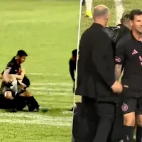 Un peligro: Lionel Messi terminó en el suelo tras una invasión de hinchas en Inter Miami vs. Independiente del Valle