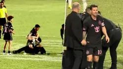 Un peligro: Lionel Messi terminó en el suelo tras una invasión de hinchas en Inter Miami vs. Independiente del Valle