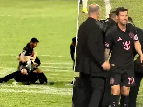 Un peligro: Lionel Messi terminó en el suelo tras una invasión de hinchas en Inter Miami vs. Independiente del Valle