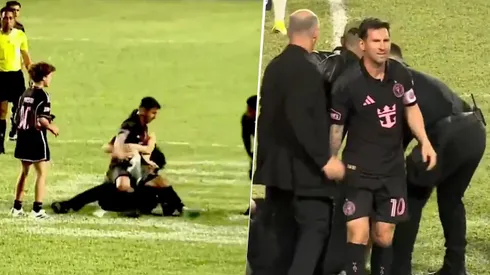 Un peligro: Lionel Messi terminó en el suelo tras una invasión de hinchas en Inter Miami vs. Independiente del Valle