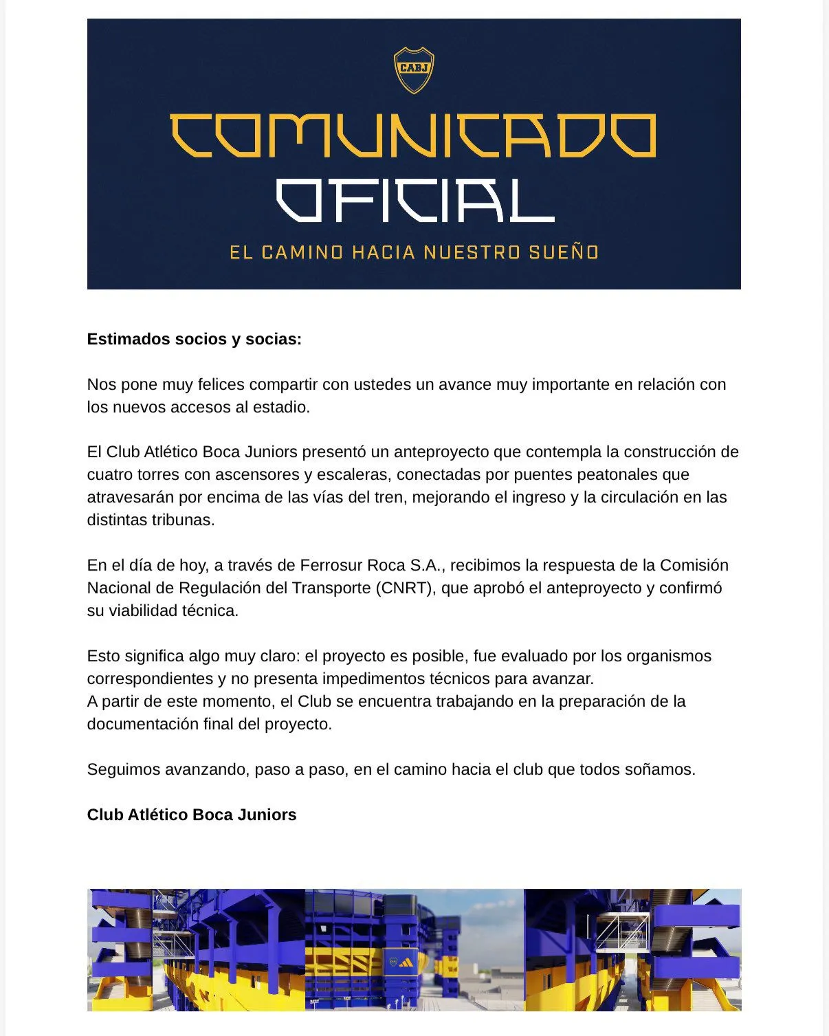 El comunicado de Boca sobre la aprobación de la CNRT a su anteproyecto.