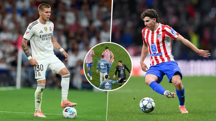 Franco Mastantuono se abrazó con Julián Alvarez luego del partido que el Real Madrid le ganó 3 a 2 al Atlético de Madrid.