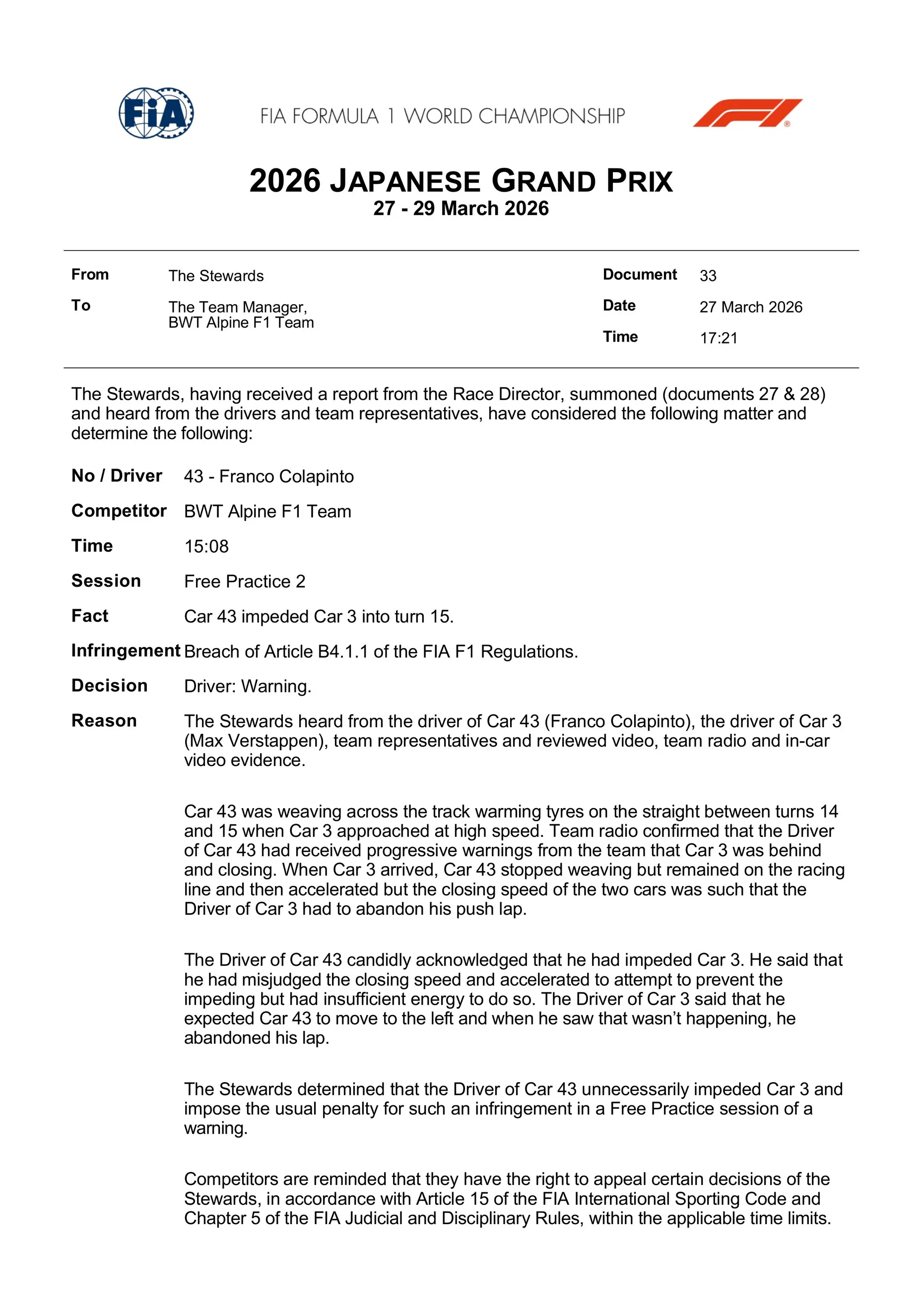 El documento oficial de la FIA sobre lo sucedido entre Colapinto y Verstappen en la FP2. (FIA)