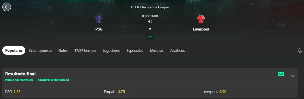 Captura realizada desde la web de bet365