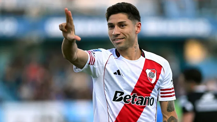 Gonzalo Montiel festeja su gol en la victoria del Millonario ante Estudiantes de Río Cuarto.