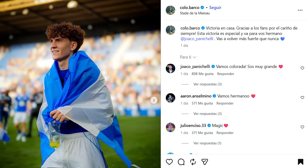 La publicación del Colo Barco tras el 3 a 1 del Racing de Estrasburgo sobre Niza.