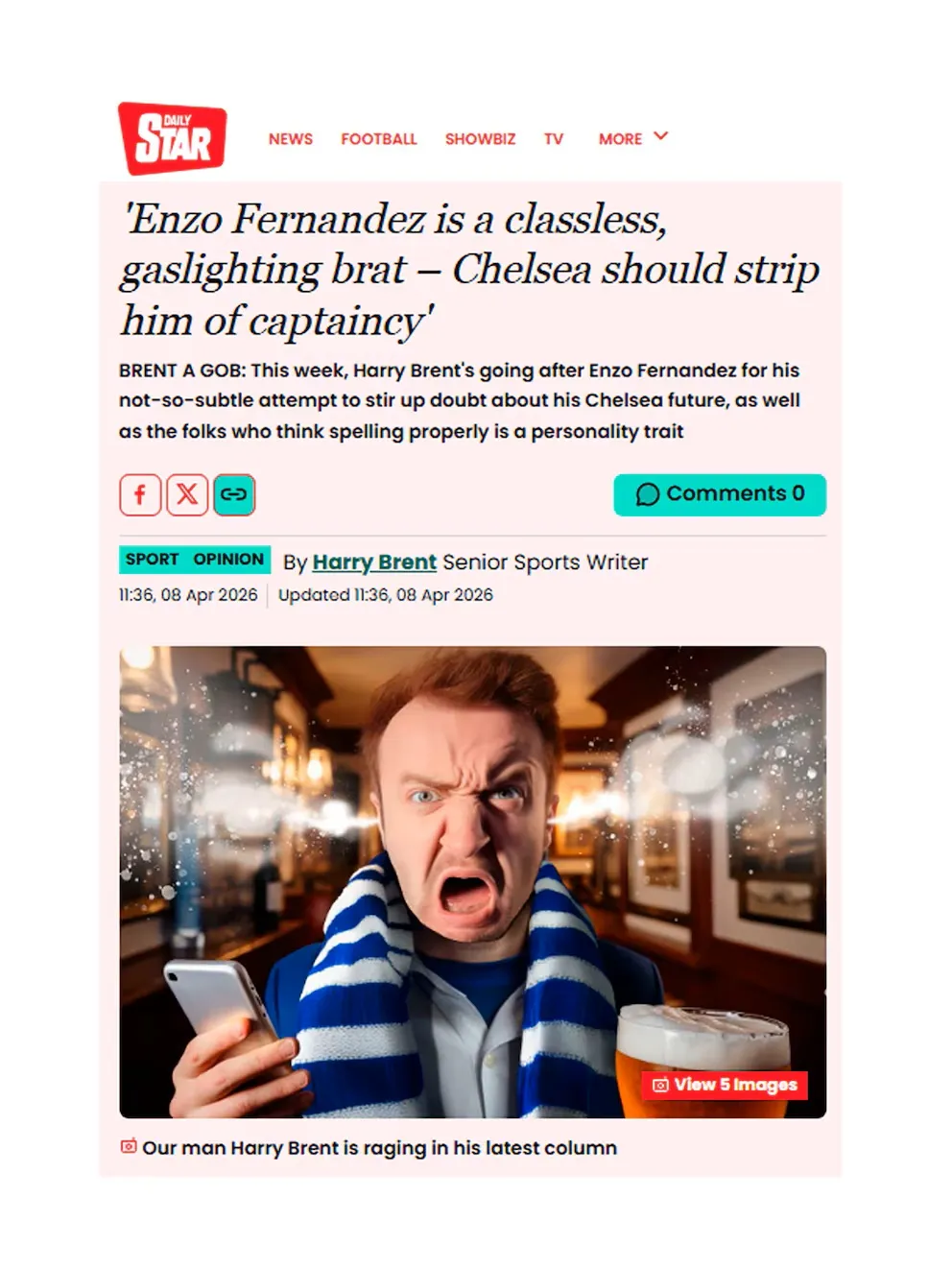 La publicación de Daily Star que critica a Enzo Fernández.