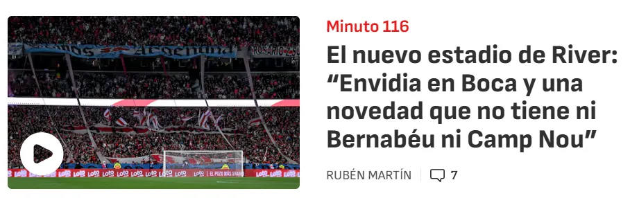 La publicación del Diario AS sobre las reformas del Monumental y de la Bombonera.
