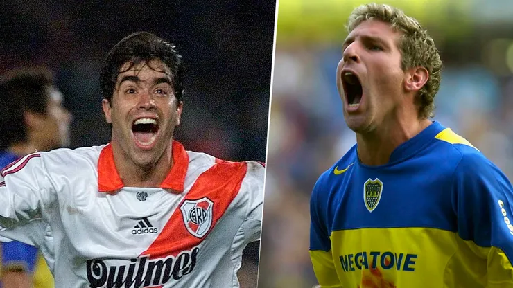 Juan Pablo Ángel y Martín Palermo celebran goles para River y Boca.