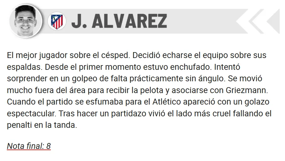El puntaje de Marca a Julián Álvarez tras la final de la Copa del Rey.