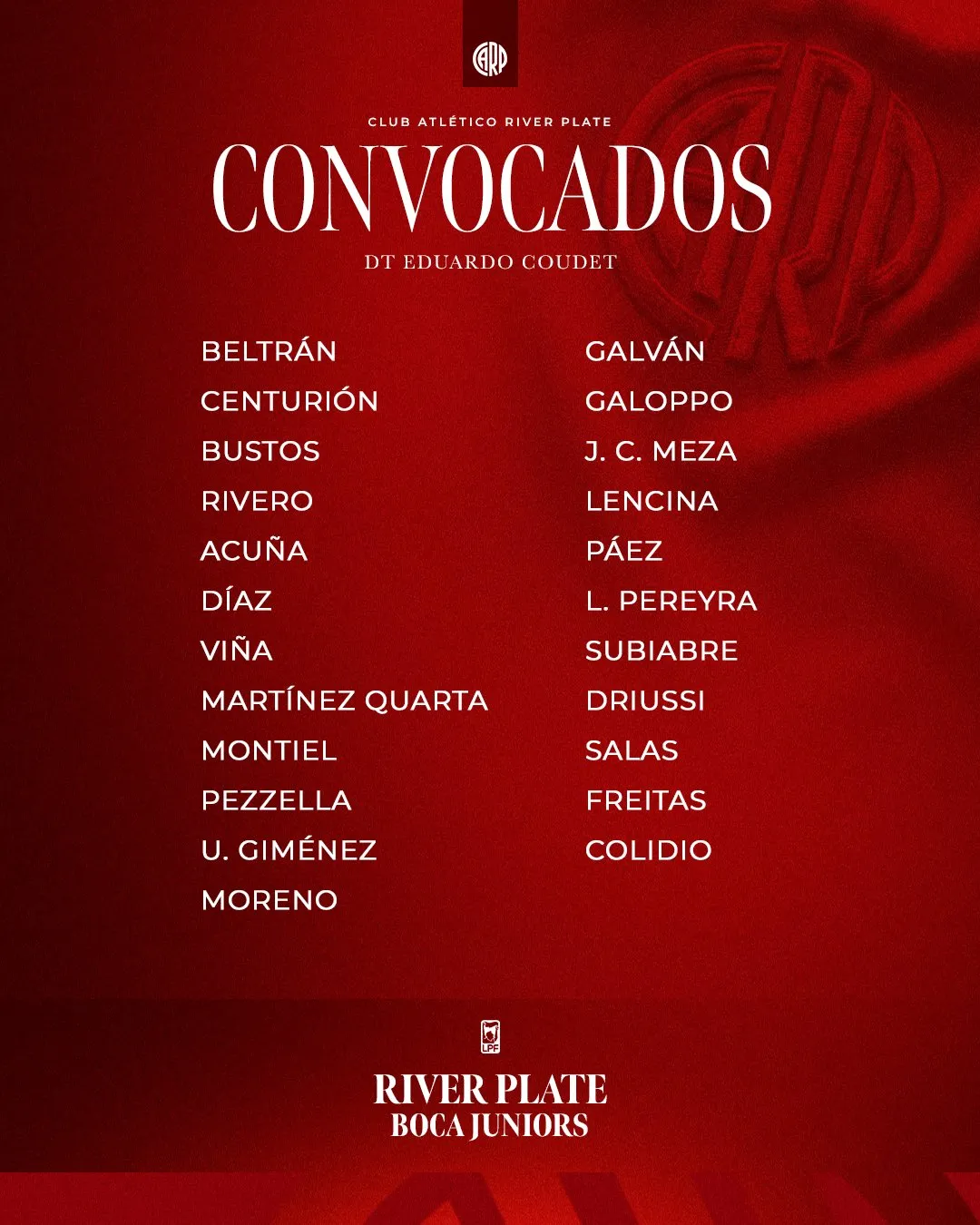 Los convocados de River vs. Boca. (Foto: @RiverPlate).
