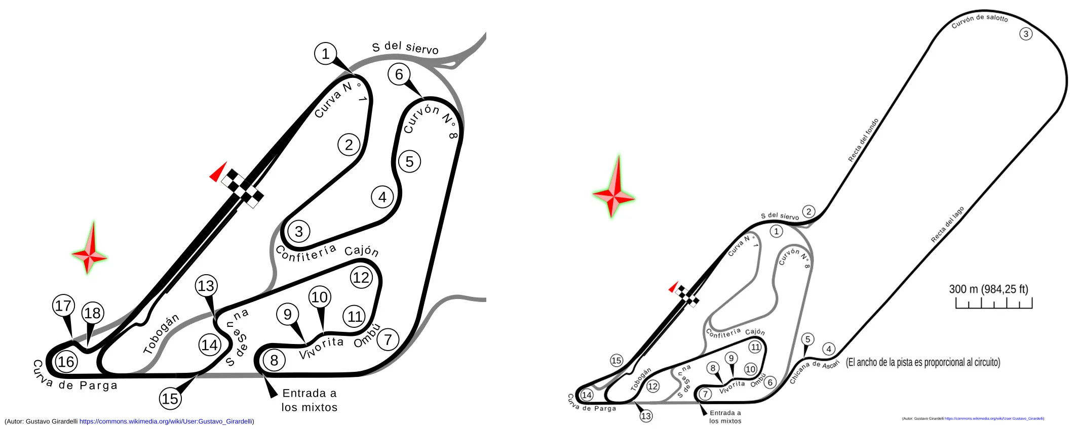 En la segunda era se corrió en el 9 (izq) y en el 15 (der). Fuente: Wikipedia