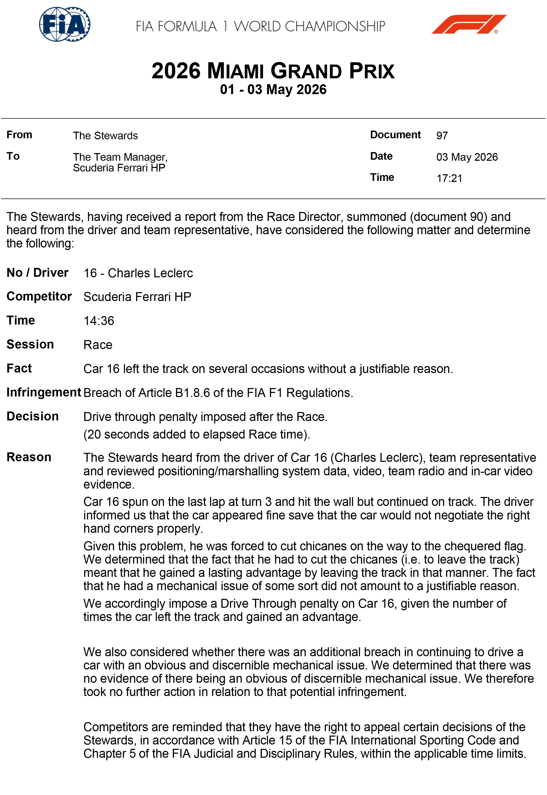 La sanción de la FIA a Charles Leclerc en el GP de Miami.