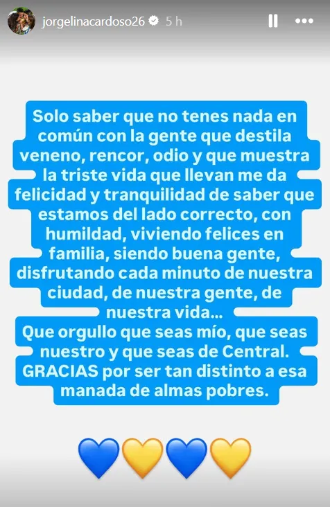 La publicación de Jorgelina Cardoso en una historia de su cuenta de Instagram.