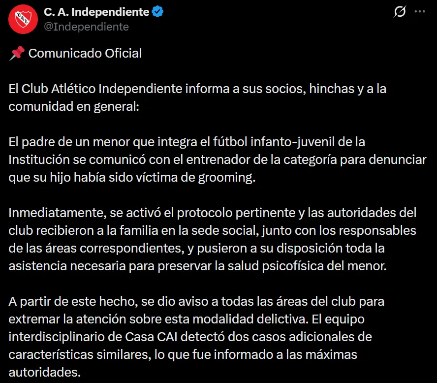 Parte del comunicado del Rojo en sus redes sociales. (Foto: @Independiente).