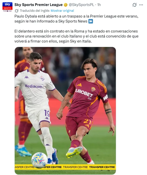 Sky Sports publicó que Paulo Dybala quiere jugar en la Premier League.