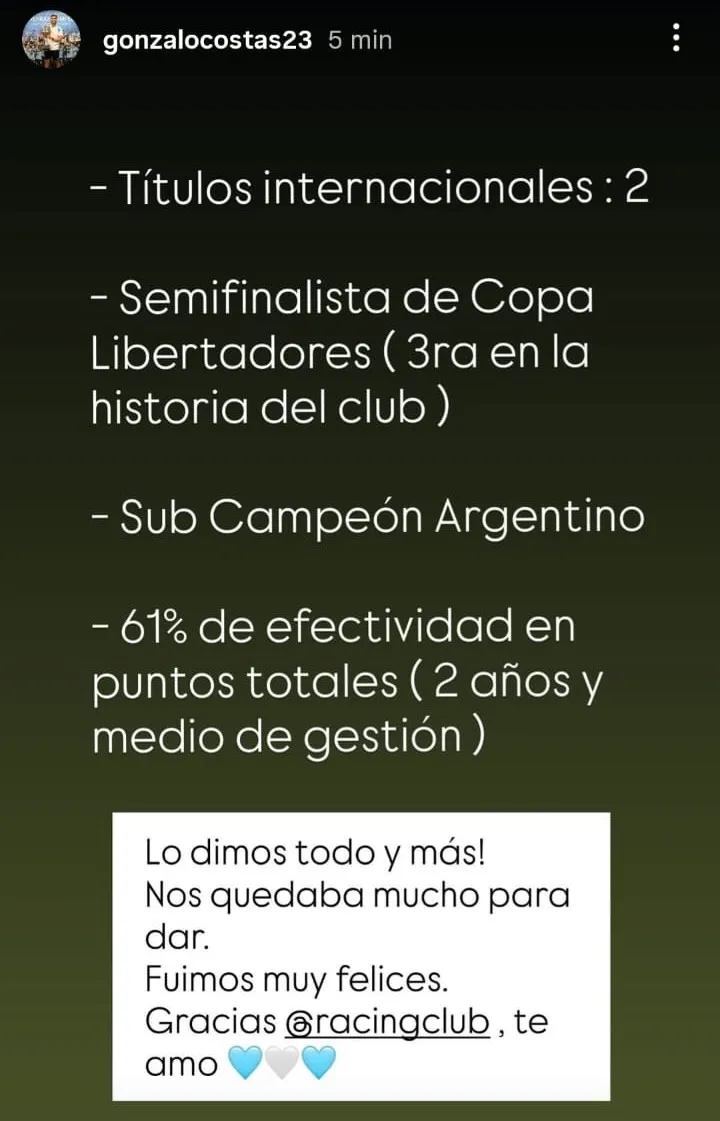 El posteo de Gonzalo Costas horas después de finalizar su ciclo en Racing.