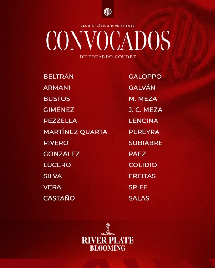 La nómina de River vs. Blooming. (Foto: Prensa River)