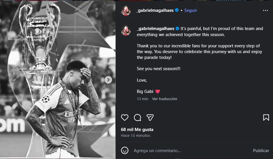 Gabriel Magalhaes y su mensaje en Instagram.