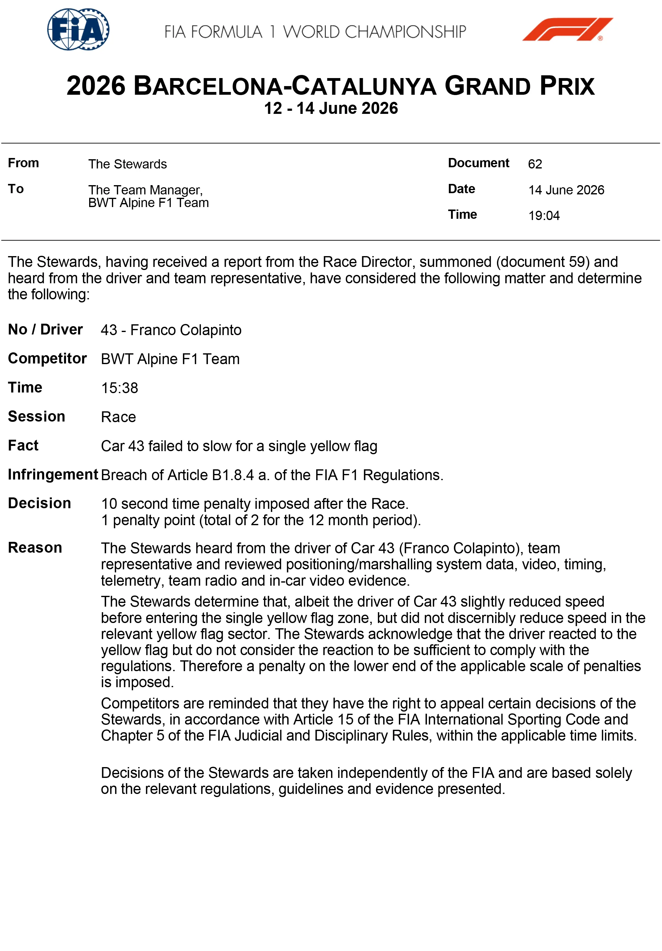 El documento oficial donde se sanciona a Franco Colapinto. (FIA)