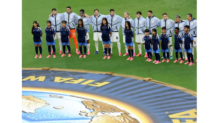 MIAMI, FLORIDA - JUNE 15: Players of Uruguay line up for the national anthem before the FIFA World Cup 2026 Group H match between Saudi Arabia and Uruguay at Miami Stadium on June 15, 2026 in Miami, Florida. (Photo by Molly Darlington/Getty Images)