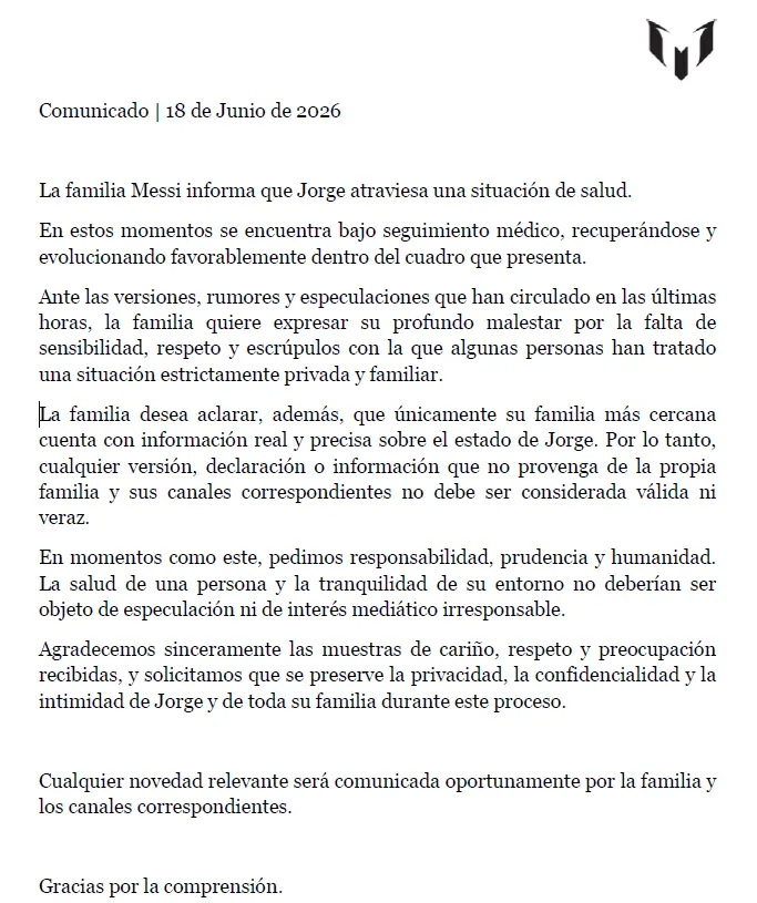 El comunicado de la familia Messi.