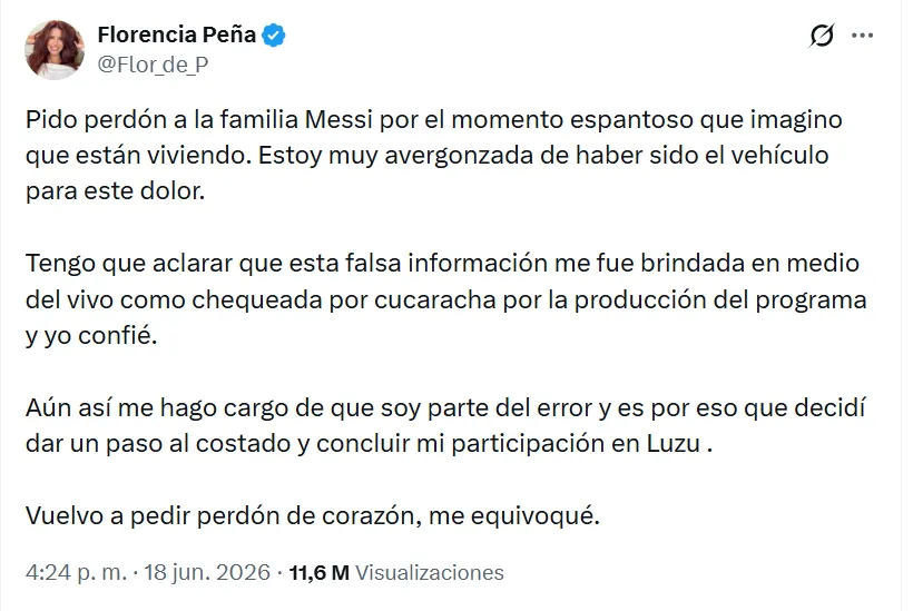 El descargo de Florencia Peña en X.