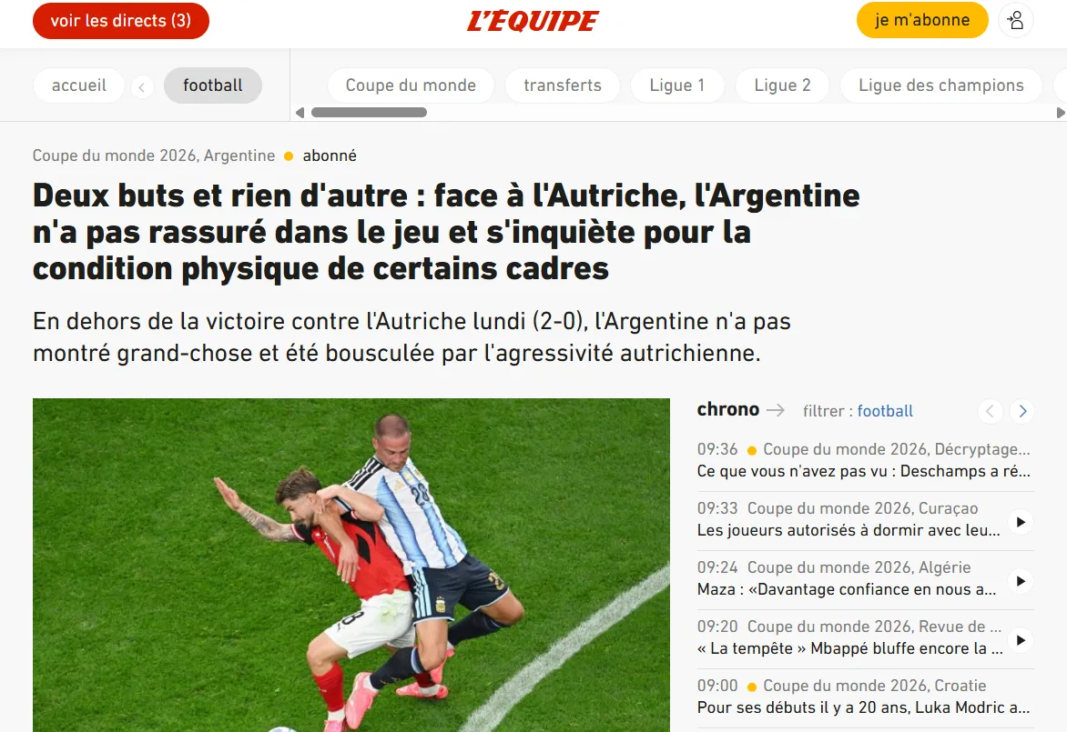 Portada de la nota de L’Equipe criticando a la Selección Argentina (Captura)