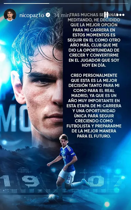 El posteo de Nico Paz en Instagram.