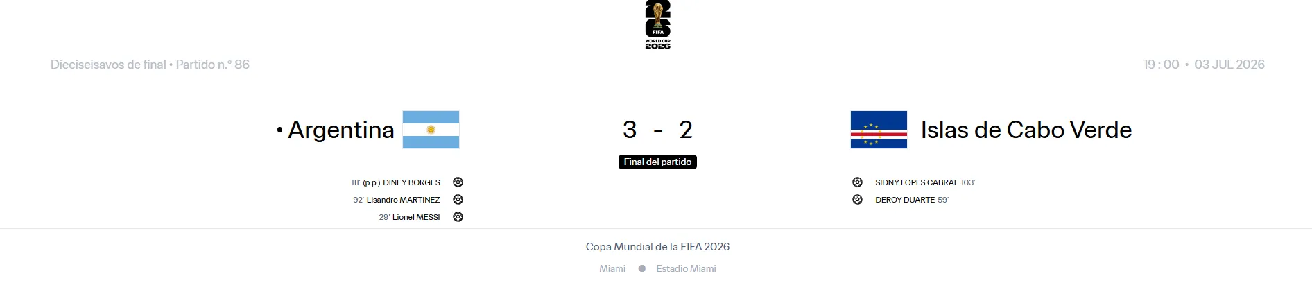 El informe FIFA marcando que el tercer gol de Argentina fue en contra.