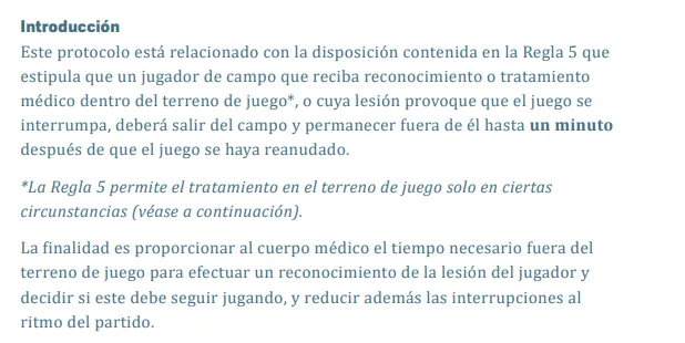 La introducción del Protocolo del tratamiento y reconocimiento médico fuera del terreno de juego de la IFAB.