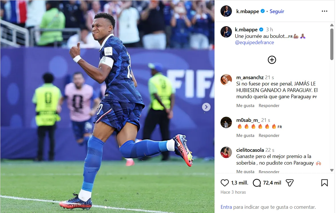 La publicación de Kylian Mbappé tras la victoria 1 a 0 sobre Paraguay. Instagram.