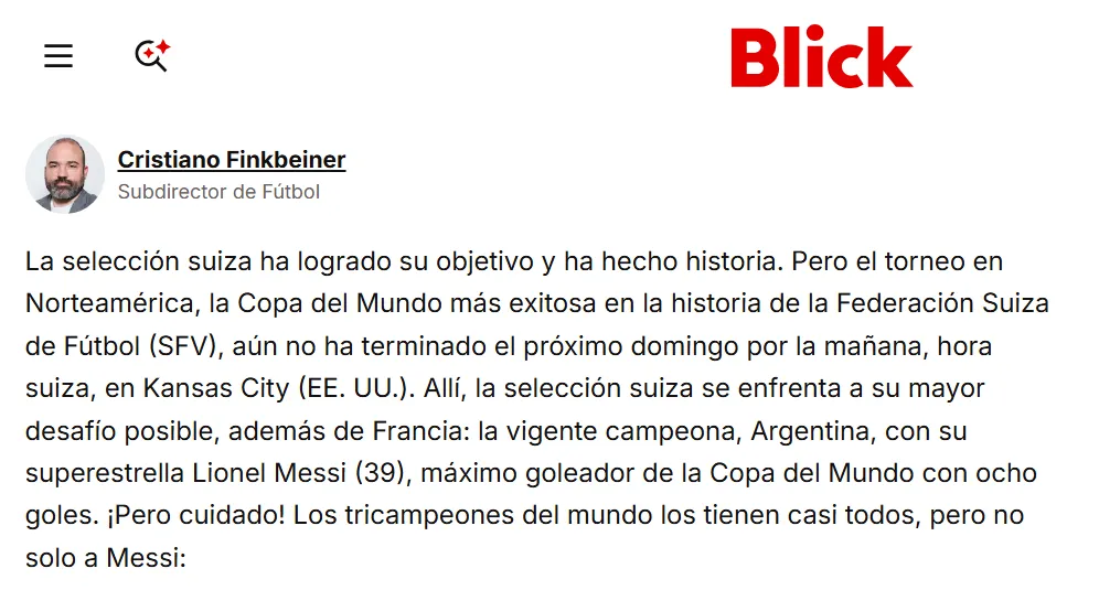 El inicio de la crónica de Blick palpitando el duelo con Argentina.