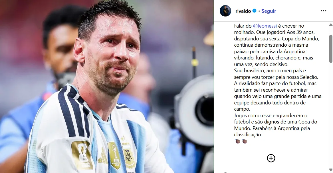 La publicación de Rivaldo sobre Argentina y Lionel Messi.