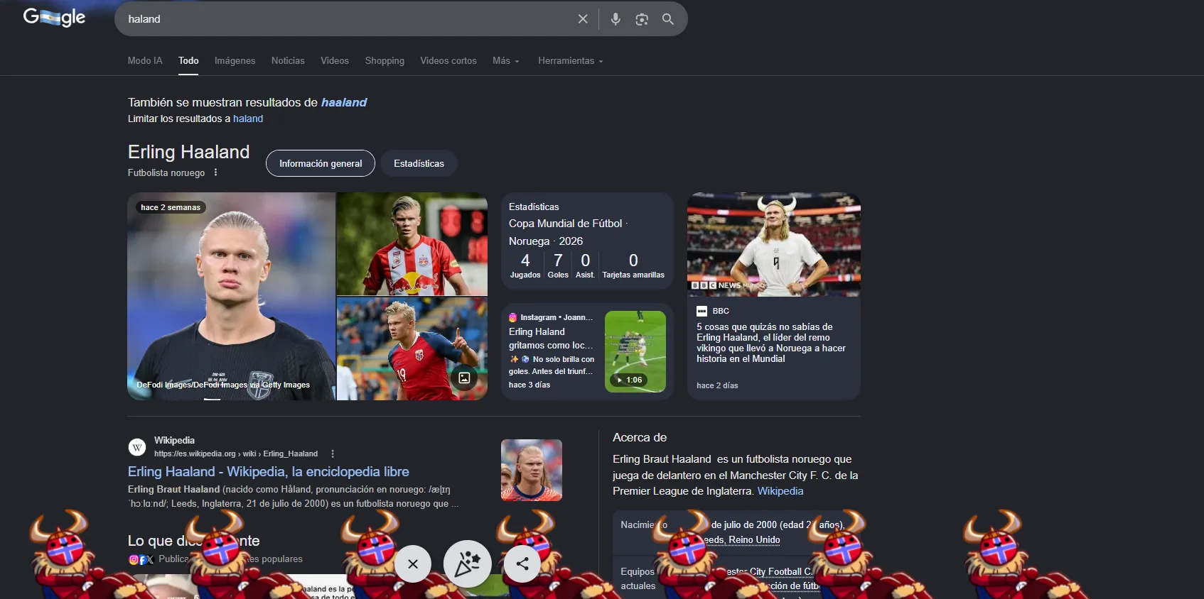 Así se ve Google si buscás a Haaland (Captura)