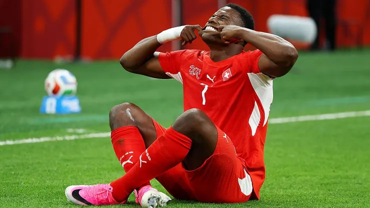 VANCOUVER, BRITISH COLUMBIA - JULY 02: Breel Embolo #7 of Switzerland celebrates scoring his team's first goal during the FIFA World Cup 2026 Round of 32 match between Switzerland and Algeria at BC Place Vancouver on July 02, 2026 in Vancouver, British Columbia. (Photo by Emilee Chinn/Getty Images)