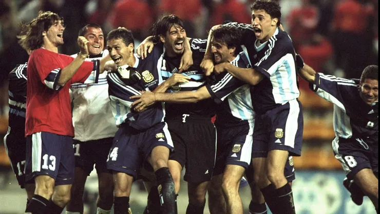 30 Jun 1998: Joy for Argentina after goalkeeper Carlos Roa (centre) saves twice in the penalty shootout of the World Cup second round match against England at the Stade Geoffroy Guichard in St Etienne, France. Mandatory Credit: Stu Forster /Allsport